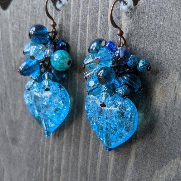 Mixed Blue Glass Bead & Blue Crackle Heart Cluster Earrings - Picture 16 of 16